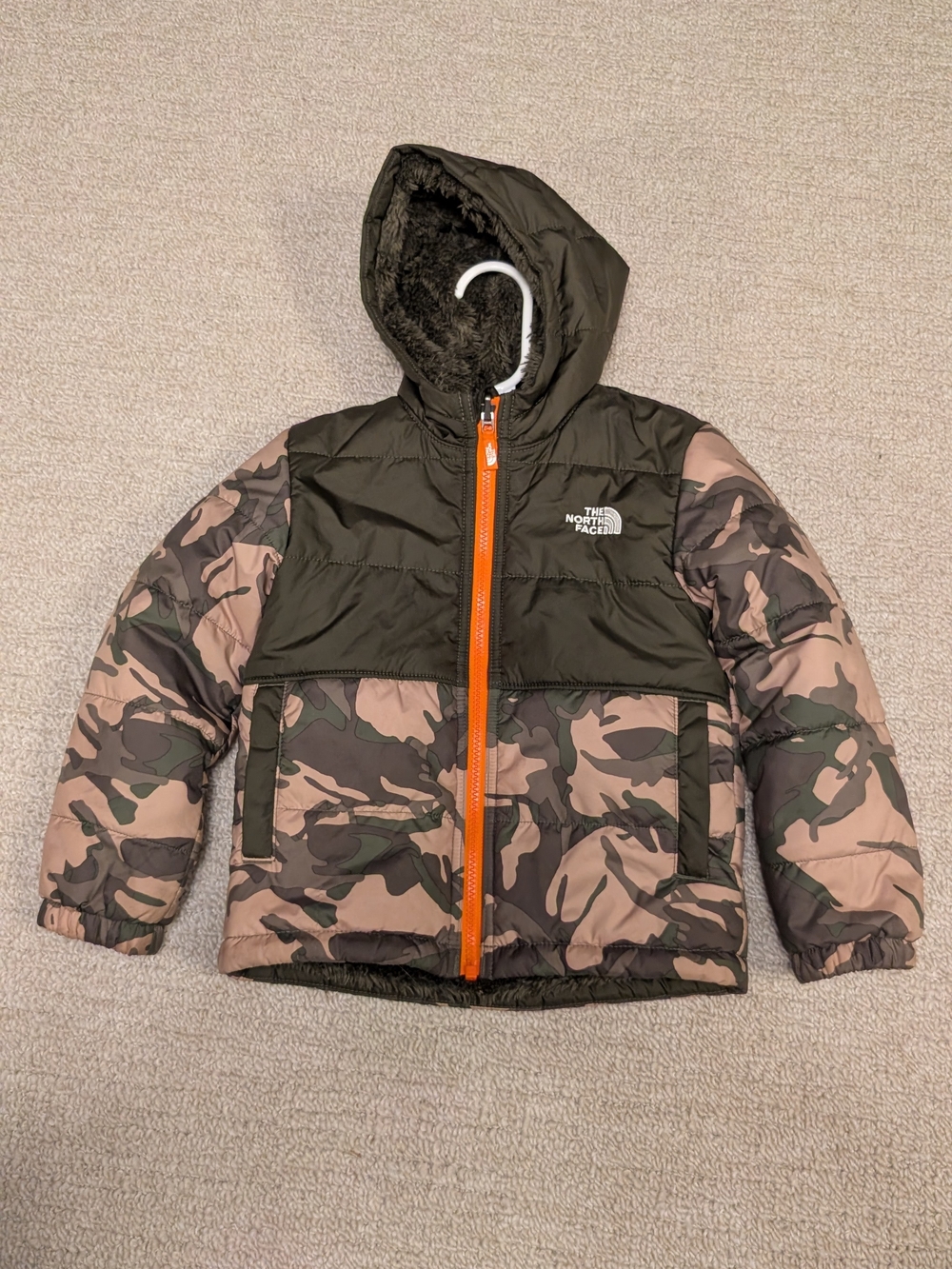 The North Face Kids Olive Green Camouflage Puffer Jacket with Orange Zip